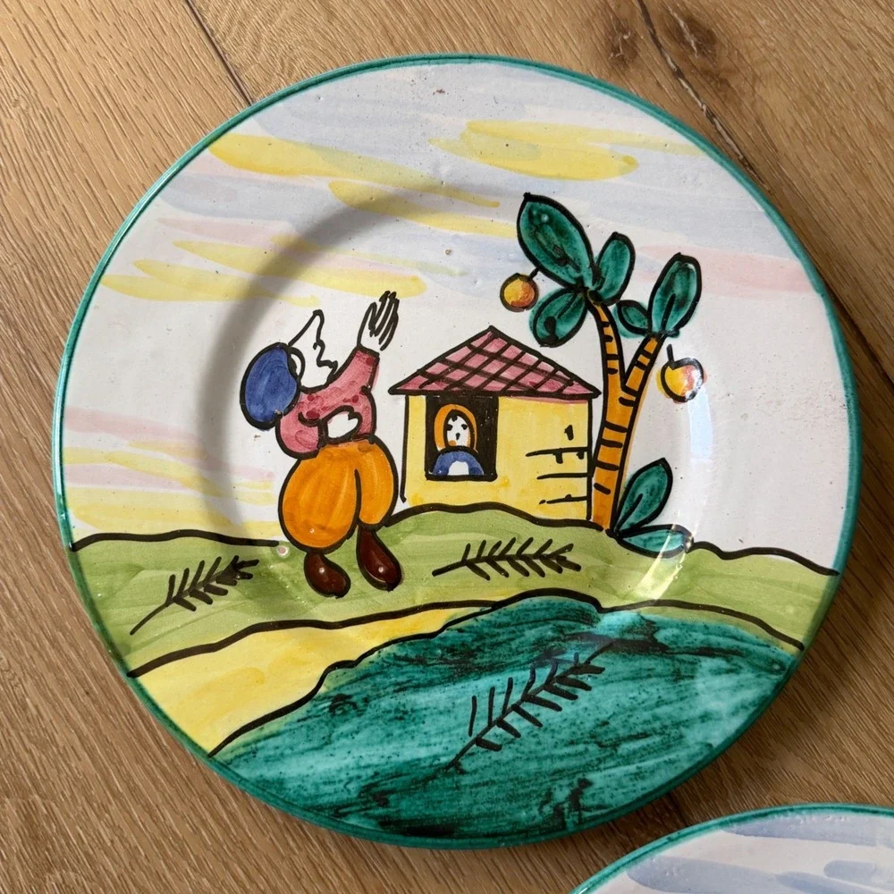 Set of 3 Vintage Italian Hand Painted Folk Art Ceramic Plates Italy Signed 8.25